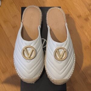 Valentino White Quilted Mules with Gold Logo size 7